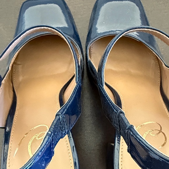NWOT Sam Edelman Navy Patent Mary Jane Slingback Heels with Gold Buckle Accent - Picture 5 of 11